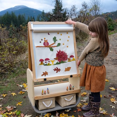 BanaSuper Rollende Staffelei für Kinder, höhenverstellbare Holzmalstaffelei für Kleinkinder, doppelseitige Kreide- und Zeichen-Whiteboard mit verriegelbaren Rollen und Aufbewahrungskorb (Grau) von BanaSuper