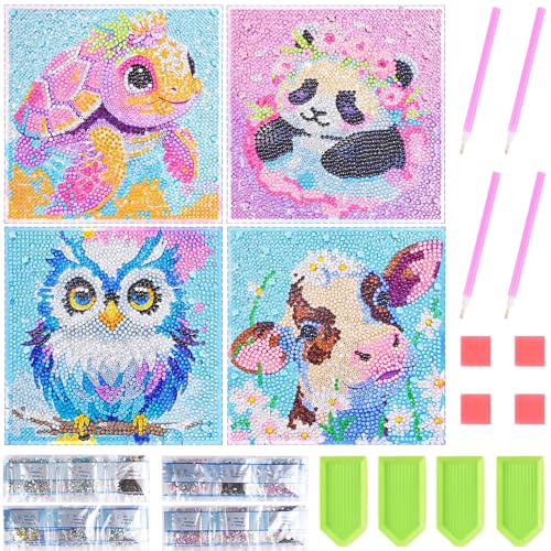 Banaone Diamond Painting Kinder, 4 Stück Tiere 5D Diamond Painting Bilder Kinder, Cartoon Diamant Painting Bilder Kunsthandwerk House Wall Dekoration 15x15 cm von Banaone