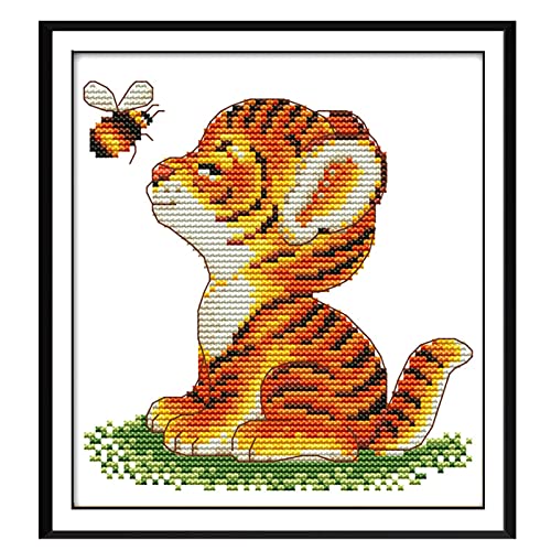 BangShou Kreuzstich-Set Cross Stitch Craft DIY Stickgarnituren Stickbild vorgezeichnet Stickbildpackung 11CT Gestempelt Stickerei-Starter-Kit (Tigerjunges und Biene) von BangShou