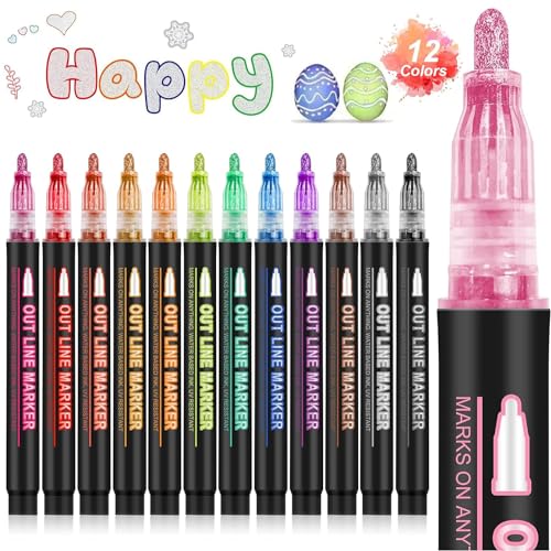 12 Farben Magische Stifte - Glitzerstifte - Outline Stifte Marker Metallic Zauberstifte Ostergeschenke Kinder Mädchen für Scrapbooking Gelstifte Ostern Basteln Kinder von Banral