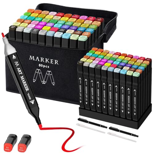 Banral 60 Farben Marker - Filzstifte Set - Permanenter Marker - Twin Tip Marker Stifte Schnell Trocknende Filzstifte mit Tragetasche Lagerbasis für Anfänger,Hervorheben,Skizzieren,Zeichnen,Manga von Banral