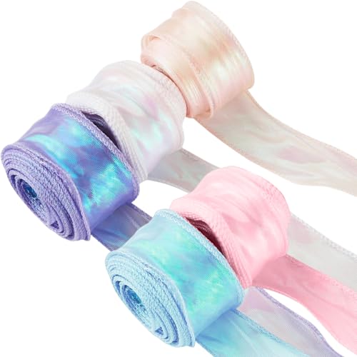 5 Rolls Irisierende Band, 2,4 Zoll x 10yard Wired Ribbon, funkelnes Organza -Band, Schnitzeband für Blumen Bouquet Packing Bows Kränze DIY -Dekor, transparente Band von Banziaju