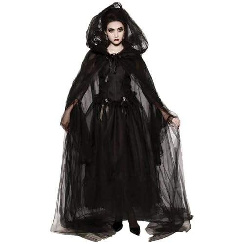 Ghost Kostüm Hexenkostüm für Frauen 1 Set Vintage Renaissance gestickt Ghost Bride Kostüm gruselig Schwarz Ghost Kostüm für Halloween, Cosplay, Haunted Mansion, L. von Banziaju