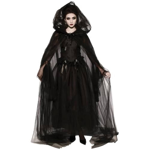 Ghost Kostüm Hexenkostüm für Frauen 1 Set Vintage Renaissance gestickt Ghost Bride Kostüm gruselig Schwarz Ghost Kostüm für Halloween, Cosplay, Haunted Mansion, XXL von Banziaju