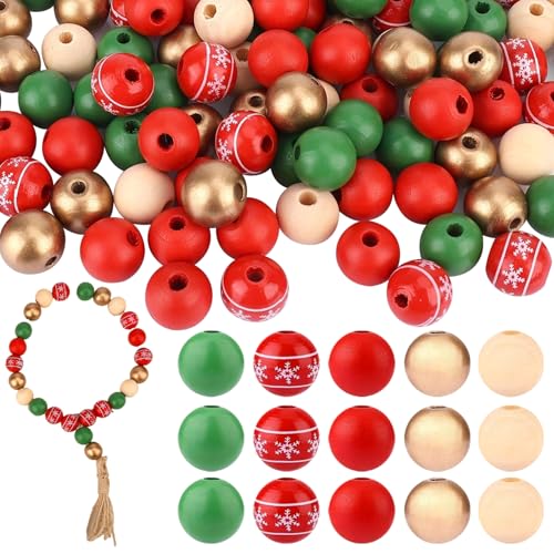 Holzperlen, 100pcs Weihnachtsperlen 16mm Weihnachtsholzperlen 5 verschiedene Stile runde Perlen mit Hanpen Seil DIY Winter Holzperlen für Handwerk Weihnachtsbaumpartyversorgungsdekor, Perlen Kits von Banziaju