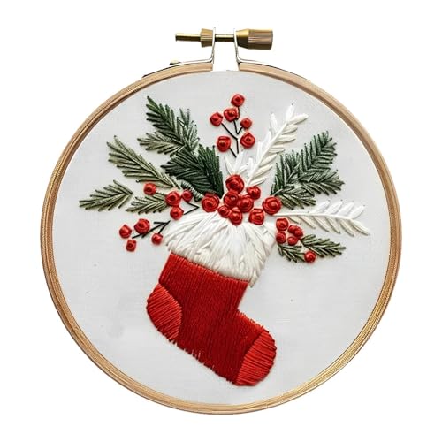 Baoblaze Weihnachts-Stickset, Handarbeit, inklusive Stickrahmen, farbige Fäden, Handstickerei, Stickerei mit weihnachtlichem Muster für Erwachsene, Strumpf von Baoblaze