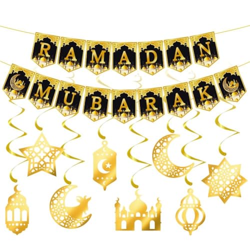 Ramadan Dekoration Papier Banner Girlande Eid Mubarak Mond Sterne Moschee Hängen Swirl Ornament Islamischen Muslimischen Party Wohnkultur von Baokuan