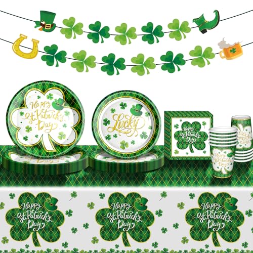 Baolaiballoon St. Patrick's Day Party Supplies Geschirrset Irisches Thema Geschirr mit Glückskleeblatt Pappteller Servietten Tassen Tischdecke Banner für St. Patrick's Day Party Dekorationen, Serves von Baolaiballoon