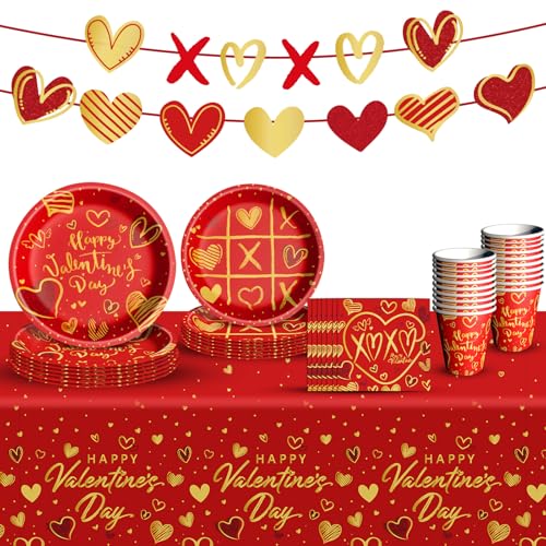 Valentinstag Party Supplies Geschirr Set Rot Herz Liebe Pappteller Servietten Tassen Tischdecke Banner für Valentinstag Party Dekorationen, Serves 24 von Baolaiballoon