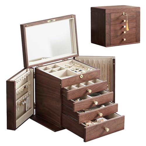 Baolivi Schmuckkästchen aus Holz Schmuckkasten Groß für Damen, Massivholz Vintage Schmuckschatulle Schmuckbox 4 Schubladen mit Spiegel und Schloss, 5 Ebenen Schmuckaufbewahrung für Schmuck, Ohrringe von Baolivi