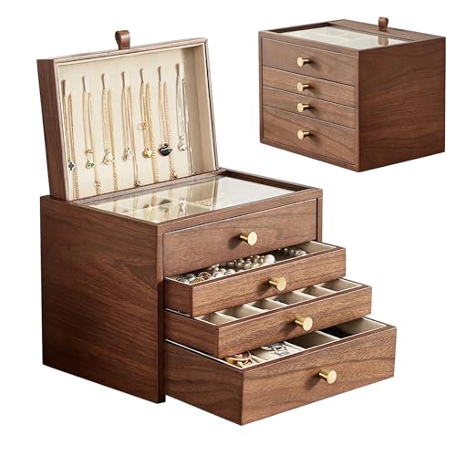 Baolivi Schmuckschatulle aus Holz Schmuckkästchen Groß für Damen, Massivholz Vintage Schmuckkasten Schmuckbox mit Glasabdeckung und Halskettenhalter, 4 Ebenen Schmuckaufbewahrung für Ringe, Halskette von Baolivi