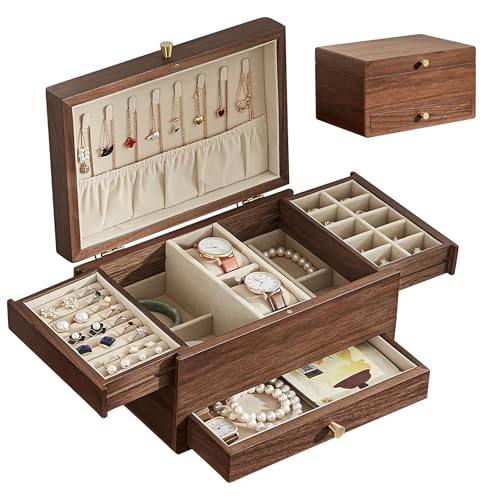 Baolivi Schmuckschatulle aus Holz Schmuckkasten klein für Damen, Massivholz Vintage Schmuckkästchen Schmuckbox mit Halskettenhalter, 3 Ebenen Schmuckaufbewahrung für Schmuck, Ohrringe, Armbanduhr von Baolivi