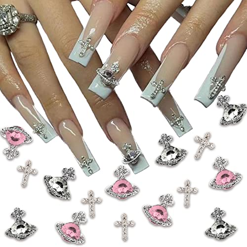 25 Stück Planet Nail Art Charms Weiß Rosa 3D Kreuz Nail Art Zubehör Saturn Form Strass Design Nagel Edelstein Glänzender Nagelschmuck Acryl Nagel Zubehör für Frauen Nagel Dekoration von Baoximong