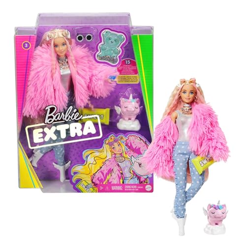 Barbie Extra, Barbie Puppe mit extra langen Haaren, inkl. Barbie Kleidung wie flauschiger Mantel und Barbie Zubehör wie Einhorn Schweinchen, Spielzeug ab 3 Jahre, GRN28 von Barbie