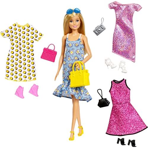 Barbie Fashionistas GDJ40 Set Blonde Puppe und Outfits, Kleidung und Zubehör für 4 komplette Outfits, Spielzeug für Kinder, GDJ40 von Barbie