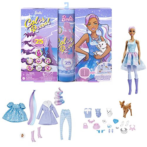 Barbie Color Reveal Adventskalender, 1 Color Revea Puppe & 3 Haustiere, Kleidung, Accessoires & 2 Haarverlängerungen, 25 Überraschungen, Weihnachtsgeschenke für Kinder, HJD60 von Barbie