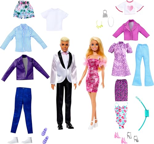 Barbie Ken-Puppen-Set mit 2 modischen Puppen, Kleidung und Accessoires, einschließlich Kleider, T-Shirts, Hosen, Badeanzüge und mehr von Barbie