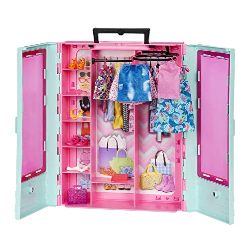 Barbie Kleiderschrank mit Kleidung und Accessoires, Garderobenschrank mit Falttüren und Tragegriff, Puppen nicht enthalten, Geschenk für Kinder, Spielzeug ab 3 Jahre, HKR92 von Barbie