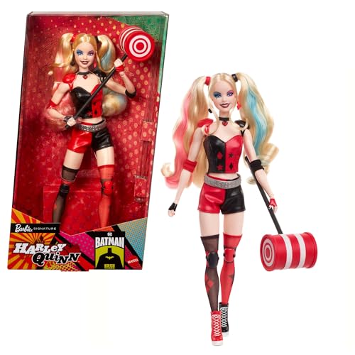 Barbie Mattel Signature Harley-Quinn-Sammlerpuppe mit beweglichem Körper, ikonischem Outfit und Hammer, DC Batman Sammelfigur zum 85. Jubiläum, HRM84 von Barbie