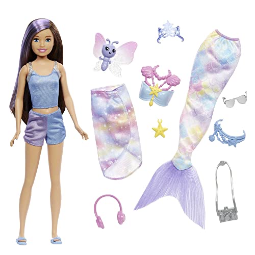 Barbie Mermaid Power, Skipper Puppe, Meerjungfrau Puppe, Skipper mit braunen und lila Haaren, Meerjungfrau Schwanz, Kleidung, Zubehör, Geschenk für Kinder ab 3 Jahren,HHG55 von Barbie