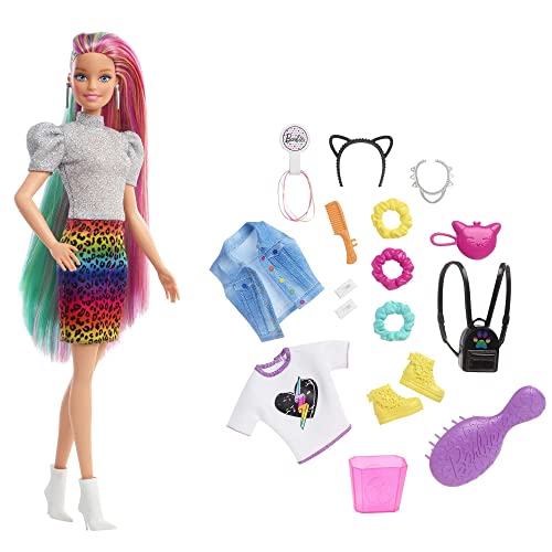 Barbie-Puppe Leopard mit regenbogenfarbenen Haaren, Barbie-Puppe mit blonden und regenbogenfarbenen Haaren, Barbie-Kleidung, Barbie-Accessoires, 16 Teile, 1 Barbie-Puppe inklusive, GRN81 von Barbie
