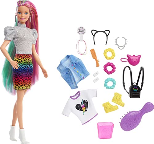 Barbie-Puppe Leopard mit regenbogenfarbenen Haaren, Barbie-Puppe mit blonden und regenbogenfarbenen Haaren, Barbie-Kleidung, Barbie-Accessoires, 16 Teile, 1 Barbie-Puppe inklusive, GRN81 von Barbie