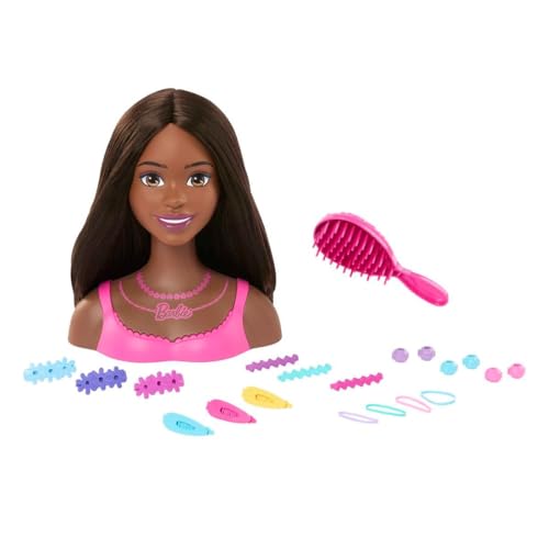 Barbie Puppen-Styling-Kopf, braunes Haar mit 20 bunten Accessoires, Puppenkopf für Haarstyling von Barbie