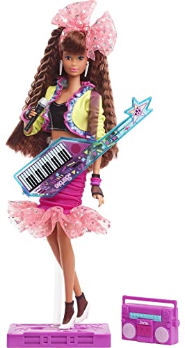 Barbie Rewind 80er Jahre Edition Puppe Night Out (29,2 cm Brünette) im Partylook mit Neonjacke, Rock & Accessoires, mit Kassettenband Puppenständer, Geschenk für Sammler von Barbie