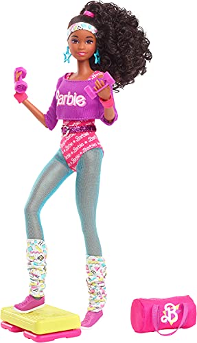 Barbie Rewind 80s Edition Workin' Out Puppe (29,2 cm Brunette) mit Bodysuit, Beinstulpen & Zubehör, mit Kassettenband-Puppenständer, Geschenk für Sammler von Barbie