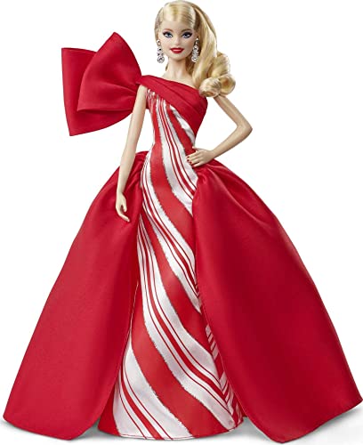 Barbie Signature FXF01 Holiday Puppe (blond), ca. 30 cm, im rot-weißen Ballkleid, mit Puppenständer und Echtheitszertifikat von Barbie