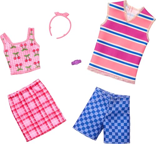 Barbie & Ken Fashions 2-Pack Kleidung & Accessoires Set, 1 Geparden-Print Kleid & Armband für Barbie Puppe & 1 Shirt & Shorts Outfit mit Sonnenbrille für Ken Puppe von Barbie