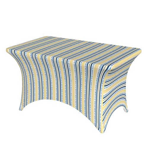 4FT Stretch Spandex Tischdecke, Blue Yellow Provence Style Stripe Tischdecke Taillierte Tischdecke, Abwaschbar Rechteckige Tischtuch Abwaschbare Tischdecke für Partei, Bankett, Hochzeitsereignis von Barbool