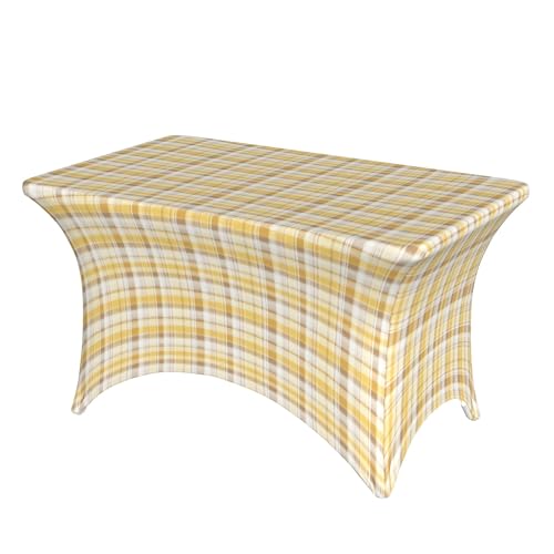 4FT Stretch Spandex Tischdecke, Gray Mustard Check Plaid Tischdecke Stretch Rechteckige Tischabdeckung, knitterfreie rechteckige Tischdecke Outdoor Tischdecke für Veranstaltungen, Hochzeiten von Barbool