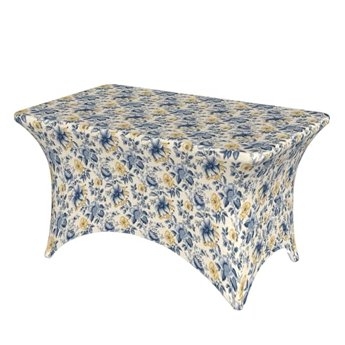 4FT Stretch Spandex Tischdecke, Vintage Yellow Blue Floral Tischbedeckung Dehnbare Tischdecke, Reißfest Rechteckiger Tischdeckenschutz Tischdecke abwaschbar für Partei, Bankett, Hochzeitsereignis von Barbool