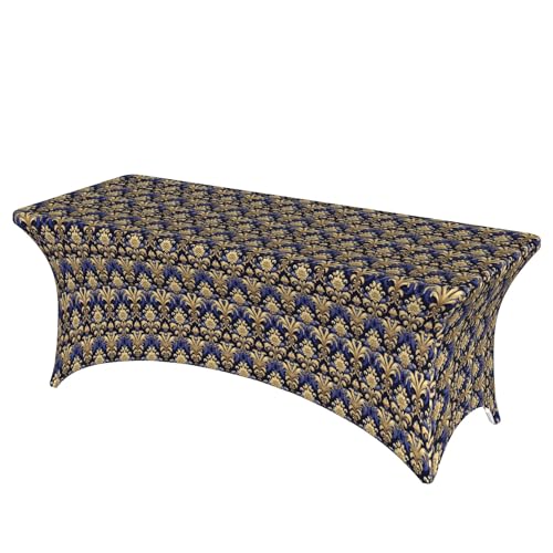 6FT Stretch Spandex Tischdecke, Gold Blue Damask Tischdecken Stretch Tischdecke, Pflegeleicht Tischdecke Rechteckig Abwaschbare Tischdecke für Veranstaltungen, Hochzeiten, Bankette und Partys von Barbool