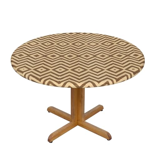 Runde Fitted Elastische Tischdecke 48 Inch, Beige Brown Retro Zigzag Tischbedeckung Elastische Tischtuch, Schmutzabweisend Rund Tischdecke Elastisch Tischtücher Rund Wachstuchtischdecke für Drinnen von Barbool