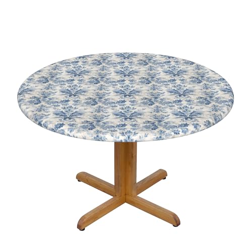 Runde Fitted Elastische Tischdecke 48 Inch, Blue White Farmhouse Floral Tischbedeckung Elastische Tischtuch, Abwischbare Runde Tischdecke Elastisch Tischdecke Rund Picknick Tischdecke für Esszimmer von Barbool