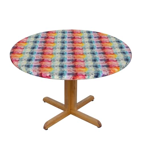 Runde Fitted Elastische Tischdecke 48 Inch, Multicolor Plaid Tischdecken Elastische Tischtuch, wasserdichte Runde Elastische Tischdecke Fitted Circle Tafeldecke Wachstuchtischdecke für Esszimmer von Barbool