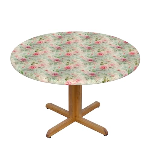 Runde Fitted Elastische Tischdecke 48 Inch, Vintage Floral Tischtuch Elastische Tischtuch, Ölbeständig Runde Elastische Tischdecke Fitted Circle Tafeldecke Outdoor Tischdecke für Küche, Esstisch von Barbool