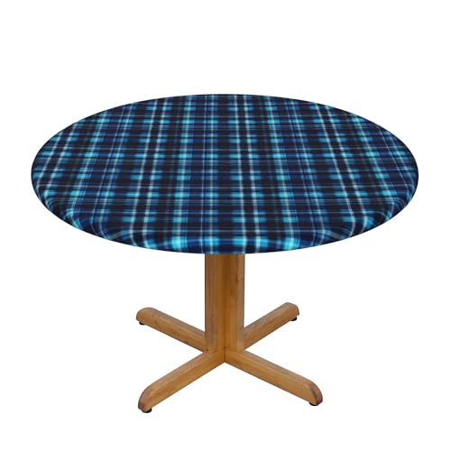 Runde Fitted Elastische Tischdecke 54 Inch, Vintage Navy Blue Tartan Tischwäsche Runde Elastische Tischdecke Fitted, Fleckschutz Elastische Tischtuch Runde Tischdecke Picknick Tischdecke für Home von Barbool