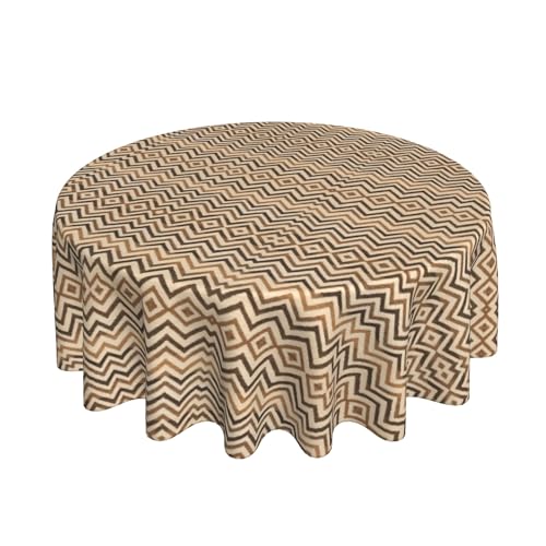 Runde Tischdecke 60 Zoll, Beige Brown Retro Zigzag Tischbedeckung Abwaschbar Circle Tafeldecke Stoff Tischtuch für Home Küche Dekoration von Barbool