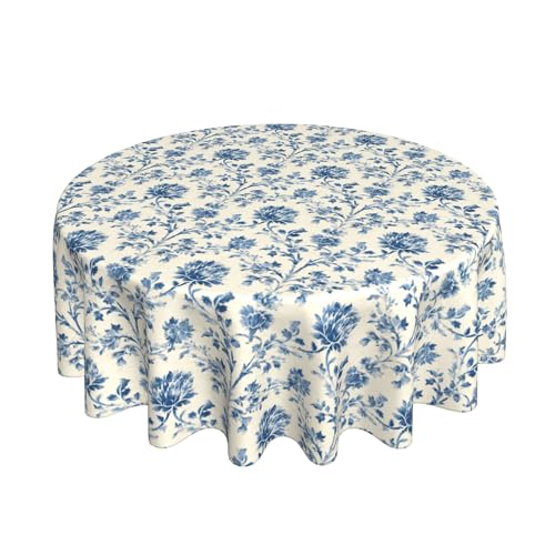 Runde Tischdecke 60 Zoll, Blue White Farmhouse Floral Tischtuch Abwaschbar Tischtücher Rund Abwischbare Tischdecke für Küche Esstisch Dekoration von Barbool