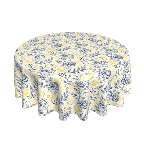 Runde Tischdecke 60 Zoll, Vintage Yellow Blue Floral Tischdecken Ölbeständig Tischdecke Rund Abwaschbare Tischdecke für Esszimmer, Party, Garten von Barbool