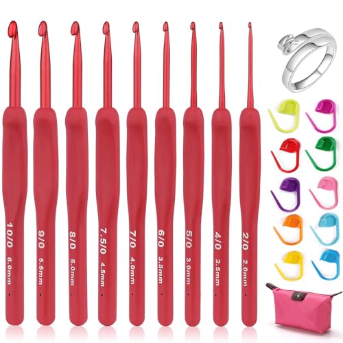 Barlone Häkelnadel Set 21 Stück, 9 Stück Rot Weicher Silikongriff 2-6 mm Häkelnadeln Ergonomisch Set, Anfänger Crochet Set mit Maschenmarkierer, Silber Häkelring, Tragbaren Fall Häkelnadeln Set von Barlone