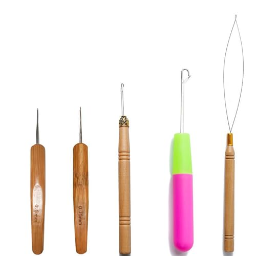 Barlone Häkelnadel Set 5 Verschiedenen Größen, Knüpfnadel aus Holz Set mit Dreadlocks Nadel 0,5-0,75 mm, Fangnadel, Perlennadel, Ködernadel Crochet Hook mit Kunststoffgriff für Crochet Braids Hair von Barlone