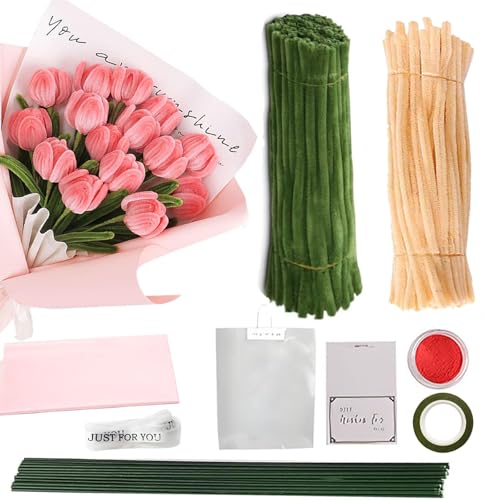 Barlone Pfeifenreiniger Zum Basteln, Tulpen Pfeifenreiniger Blumen Set, 200 Stück Pfeifenputzer zum Basteln, mit Geschenkpapier,Geschenkband,Klebeband,12 Blumendraht,Grußkarten,Geschenktüte(Rosa) von Barlone