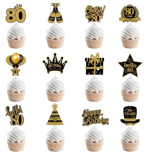 24er-Pack Cupcake-Topper zum Geburtstag, glitzernd, 80 fabelhafte Cupcake-Picker zum Anstoßen auf die Geburtstags-, Hochzeits- und Jubiläumsparty (80, M) von BaronHong