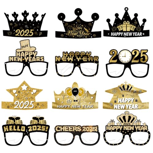 BaronHong Happy Silvester Brille Brillenhut 2025-12er-Pack | Partyzubehör Dekorationen Auge (schwarz-golden, M) von BaronHong