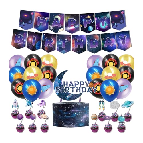 Party-Dekoration mit Weltraumthema für Kinder, Galaxie, Planet, Astronaut, Rakete, Muster, Luftballons, Kuchen- und Cupcake-Topper-Set (Galaxie, M) von BaronHong