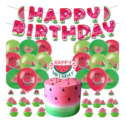 Wassermelonen-Geburtstagsparty-Dekoration – „Happy Birthday“-Banner, Luftballons, Cupcake-Topper, Requisiten für die Schulabschlussfeier von Kindern (Wassermelone, M) von BaronHong